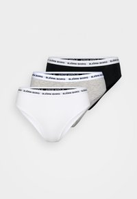 Three pairs of women's briefs in white, gray, and black, featuring a soft waistband with "BJÖRN BORG" branding and a smooth fabric texture.