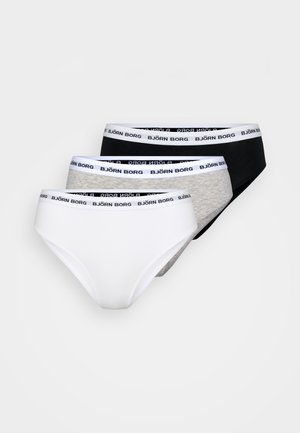 Tre par kvinnobriefar i vitt, grått och svart, med en mjuk midjeband med "BJÖRN BORG"-logotyp och en slät tygtextur.