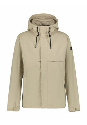 Beige vedenpitävä takki, jossa säädettävä huppu, suuri etutasku, mustat metalliosat ja sileä pinta. Varustettu joustavilla hihansuuilla.