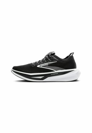 Brooks Laufschuh mit einem schwarzen, atmungsaktiven Netzobermaterial, weiß-schwarzer Zwischensohle, schlankem Design und auffälligem "HYPERION" Branding.