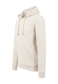 Beige hoodie van zachte stof, met een capuchon met trekkoord, een kangoeroezak aan de voorkant, geribbelde manchetten en zoom. Eenvoudig, naadloos ontwerp.