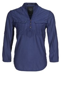 Chemise à manches longues bleu marine avec un col, deux poches avant, trois boutons marron et des détails de couture subtils. Tissu léger, coupe décontractée.