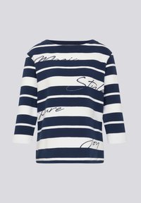 Marineblau-weiß gestreifte Langarmbluse mit Bootsausschnitt, verziert mit der geschwungenen Schrift "Monic," "Stole," "pure," und "Joy."