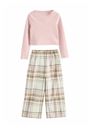 Light pink, long-sleeve ribbed crop top paired with wide-leg plaid pants in beige, brown, pink, and white. Soft fabric and elastic waistband.