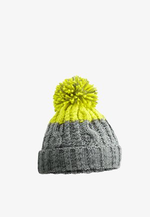Knit winter hat with gray cable pattern bottom and bright yellow top topped with a yellow pom-pom.