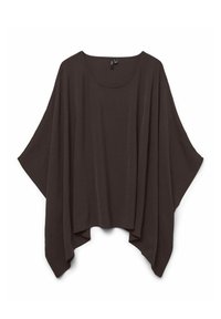 Haut marron, ample, avec un col rond et des manches larges. Confectionné en tissu texturé, il tombe librement autour du corps.