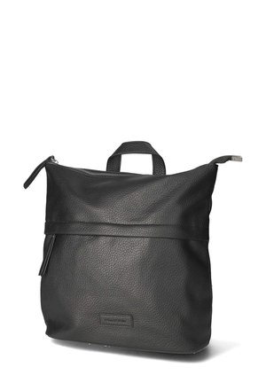 Sac à dos en cuir noir texturé avec poignée supérieure et fermeture éclair, debout sur fond blanc.