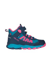 Children’s navy blue and pink waterproof hiking boot with Velcro strap, lace lock, and rugged sole, branded Trollkids.