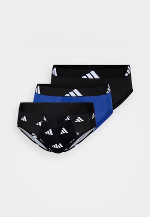 Three pairs of men’s boxer briefs in black, blue, and patterned black, featuring a soft waistband and geometric white logo accents.