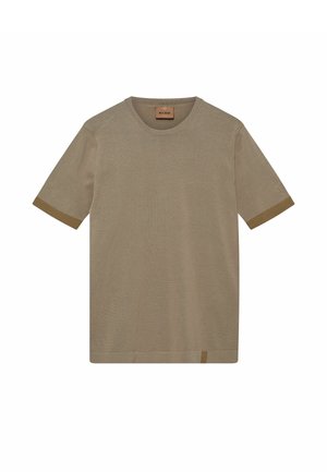 Kortærmet beige strikket T-shirt med rund hals og mørkere beige kant på ærmekanter, vist fladt på hvid baggrund.