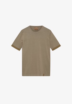 Bež pamučna majica kratkih rukava s okruglim izrezom i tamnijim bež obrubom na rubovima rukava, prikazana ravno na bijeloj pozadini.