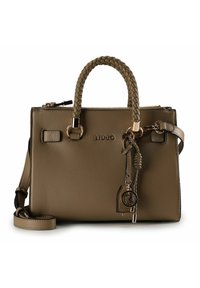 Braune Ledertasche mit geflochtenen Griffen, goldfarbenen Beschlägen, abnehmbarem Schulterriemen und Logodetail auf der Vorderseite.