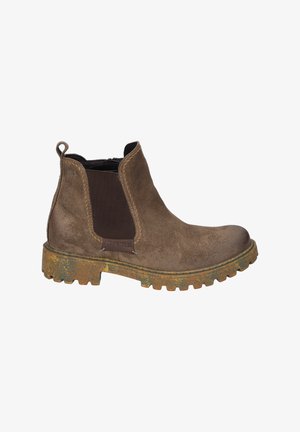 Braune Wildleder Chelsea-Boots mit elastischen Seitenpanelen, Zugschlaufe und robuster, strukturiertem Gummisohle mit grünlichem Schimmer.
