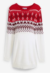 Pull en tricot rouge et blanc avec un motif géométrique de diamants et de zigzags, manches longues et décolleté large.
