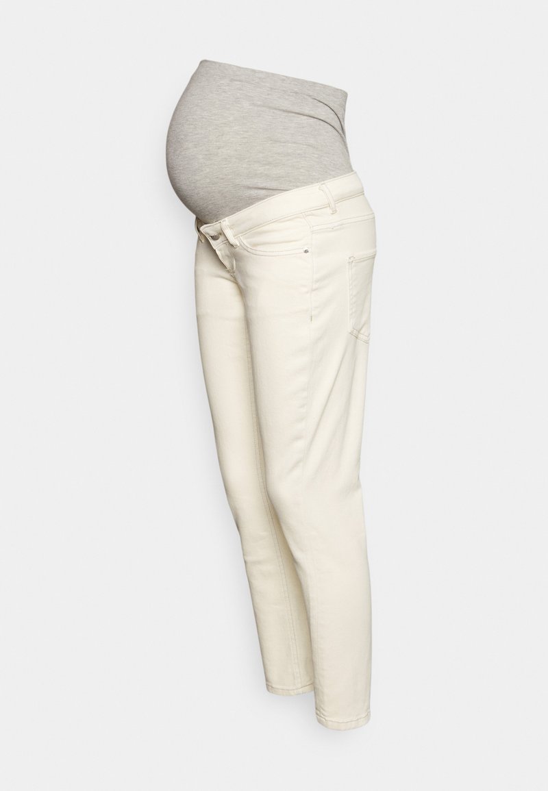 Jeans de maternidade em denim branco com um painel de jersey cinza para suporte da barriga. Corte slim com design de cinco bolsos e fecho frontal por botão.