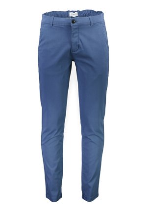 Blå bomuldsbukser med slim fit, der har lynlås, en knaplukning, forlommer og en glat tekstur.