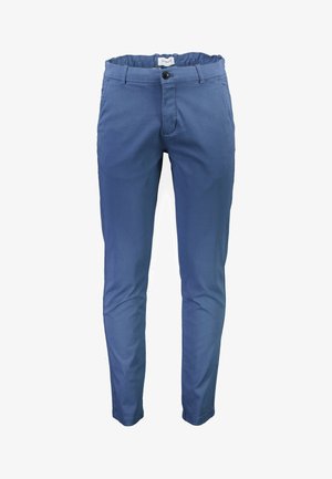 Blauwe katoenen broek met een slim fit, voorzien van een ritssluiting, één knoopsluiting, steekzakken en een gladde textuur.
