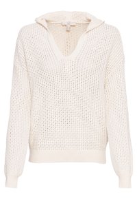 Biała dzianinowa bluza z kapturem o luźnym kroju, w fasonie v-neck i ściągaczami na rękawach. Wykonana z lekkiego materiału o otwartym splotem.
