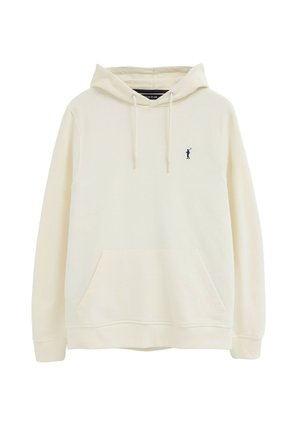 Sudadera con capucha de color crema, con bolsillo frontal, cordones y pequeño logo oscuro de jugador de polo en el pecho izquierdo.