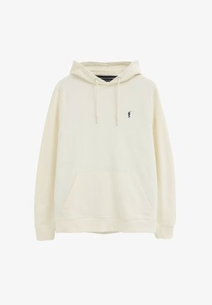 Sudadera con capucha de color crema, con bolsillo frontal, cordones y pequeño logo oscuro de jugador de polo en el pecho izquierdo.