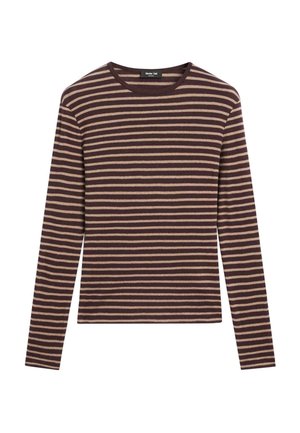 Brun og beige langærmet skjorte med vandrette striber, rund halsudskæring og lige kant.