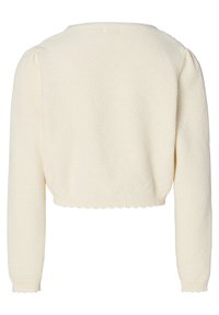 Pull créme coupé avec un motif de tricot texturé, manches longues et ourlet festonné. Design simple sans embellissements supplémentaires.