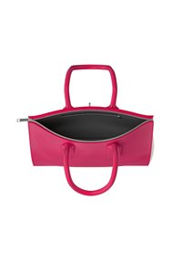 Pink leather tote bag with dual handles, featuring a zippered opening and black interior. Textured surface and streamlined design.