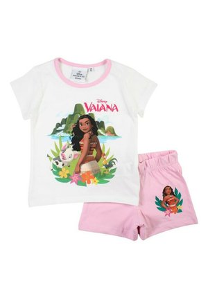 Ensemble pour enfants blanc et rose avec le personnage Disney Vaiana, fleurs tropicales, décor d'île sur le t-shirt, petit imprimé de Vaiana sur le short rose.