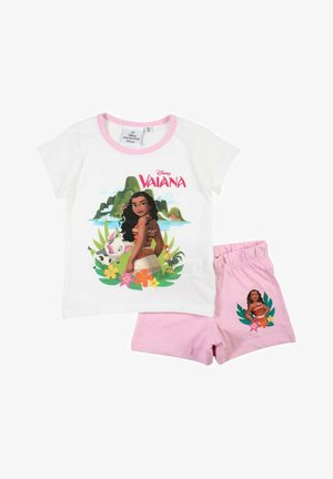 Ensemble pour enfants blanc et rose avec le personnage Disney Vaiana, fleurs tropicales, décor d'île sur le t-shirt, petit imprimé de Vaiana sur le short rose.