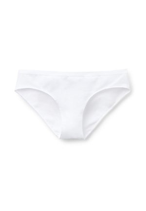 Ropa interior femenina estilo bikini sin costuras blanca sobre un fondo blanco liso, mostrando los contornos delanteros y laterales.