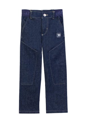 Dunkelblaue Denimhose für Kinder mit verstärkten Kniepatches, zwei Seitentaschen, Knopfverschluss und elastischem Bund mit Logoaufdruck.