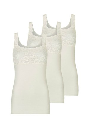Three white camisoles featuring adjustable straps and lace detailing at the neckline, made from soft, stretchy fabric.