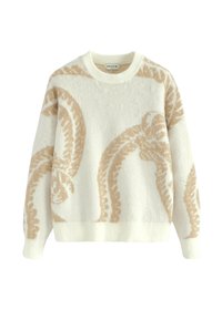 Pull en col rond blanc avec motif en corde beige et bords côtes aux poignets et à l'ourlet, présenté sur un fond uni.
