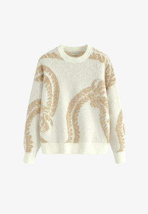 Pull en col rond blanc avec motif en corde beige et bords côtes aux poignets et à l'ourlet, présenté sur un fond uni.