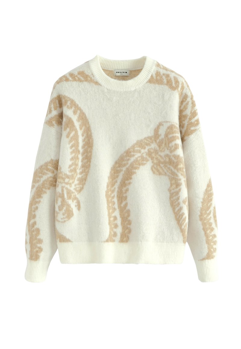 Pull en col rond blanc avec motif en corde beige et bords côtes aux poignets et à l'ourlet, présenté sur un fond uni.