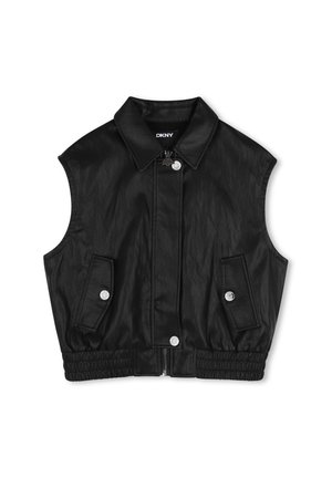 Zwarte mouwloze leren gilet met rits aan de voorkant en zilveren drukkers, twee klepzakken, kraag en elastische tailleband, DKNY-label binnenin de kraag.