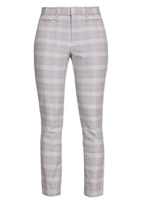 Pantaloni grigi a quadri con vestibilità slim, caratterizzati da un motivo a scacchi con accenti rosa e tasche anteriori. Realizzati in un tessuto liscio e tessuto.