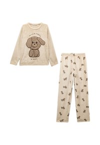 Beige fleece pajama set featuring a long-sleeve top with a brown dog graphic and text, and pants with a repeated dog pattern.