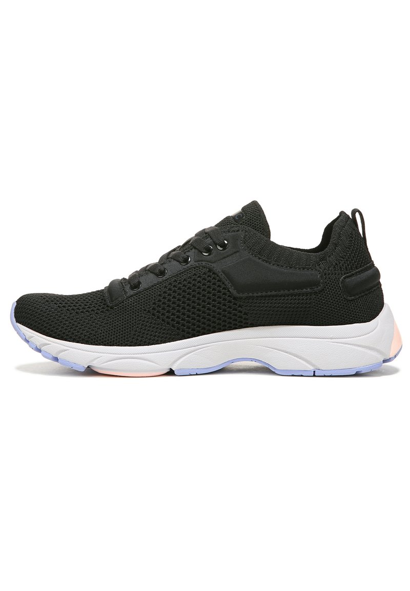 Black athletic shoes made of mesh material with a textured upper, featuring a white and light blue sole, and six black eyelets for laces.