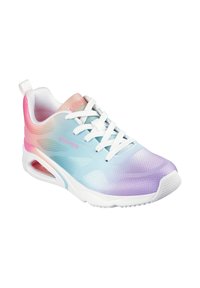 Chaussure de sport légère avec un design dégradé en rose et bleu, tige en synthétique, lacets blancs et semelle rembourrée comportant une unité d'air visible.
