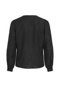 Blusa nera a maniche lunghe con delicati ricami floreali, polsini arricciati con bottoni e leggeri spallini, mostrata da dietro.