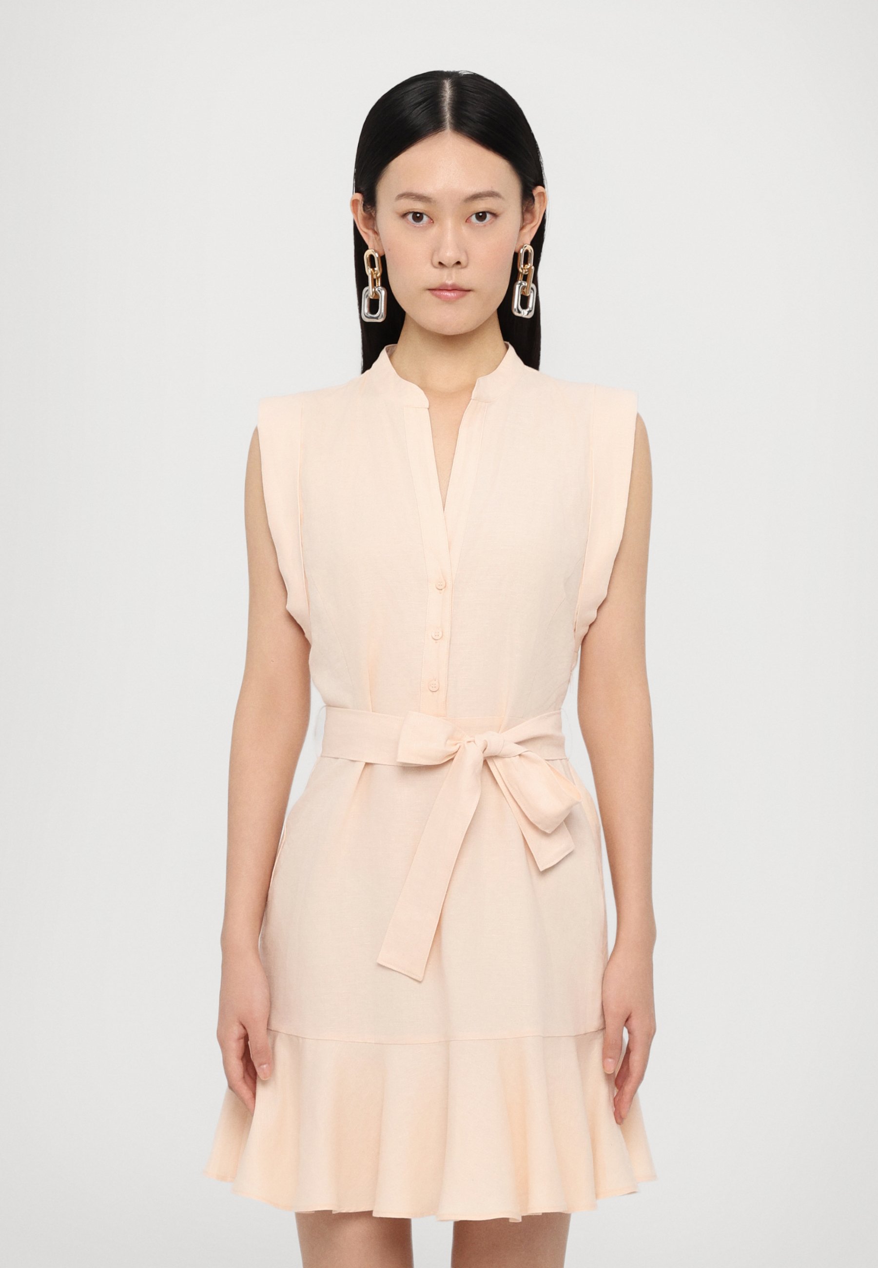 sleeveless shift dress of pale blue linen Alma Linen Dress | Sleeveless Summer Dress in White & Blue main image 1