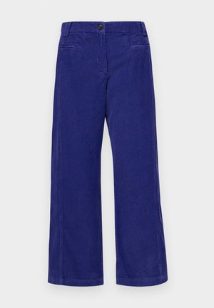 Pantalons en velours côtelé à jambes larges, de couleur bleu profond. Ils présentent une fermeture à bouton, deux poches avant et des cannelures verticales subtiles pour la texture.