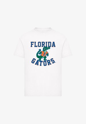 Weißes Baumwoll-T-Shirt mit der Aufschrift "FLORIDA GATORS" in fettem orange und marineblau, versehen mit einer grünen Alligator-Grafik. Kurze Ärmel, Rundhalsausschnitt.