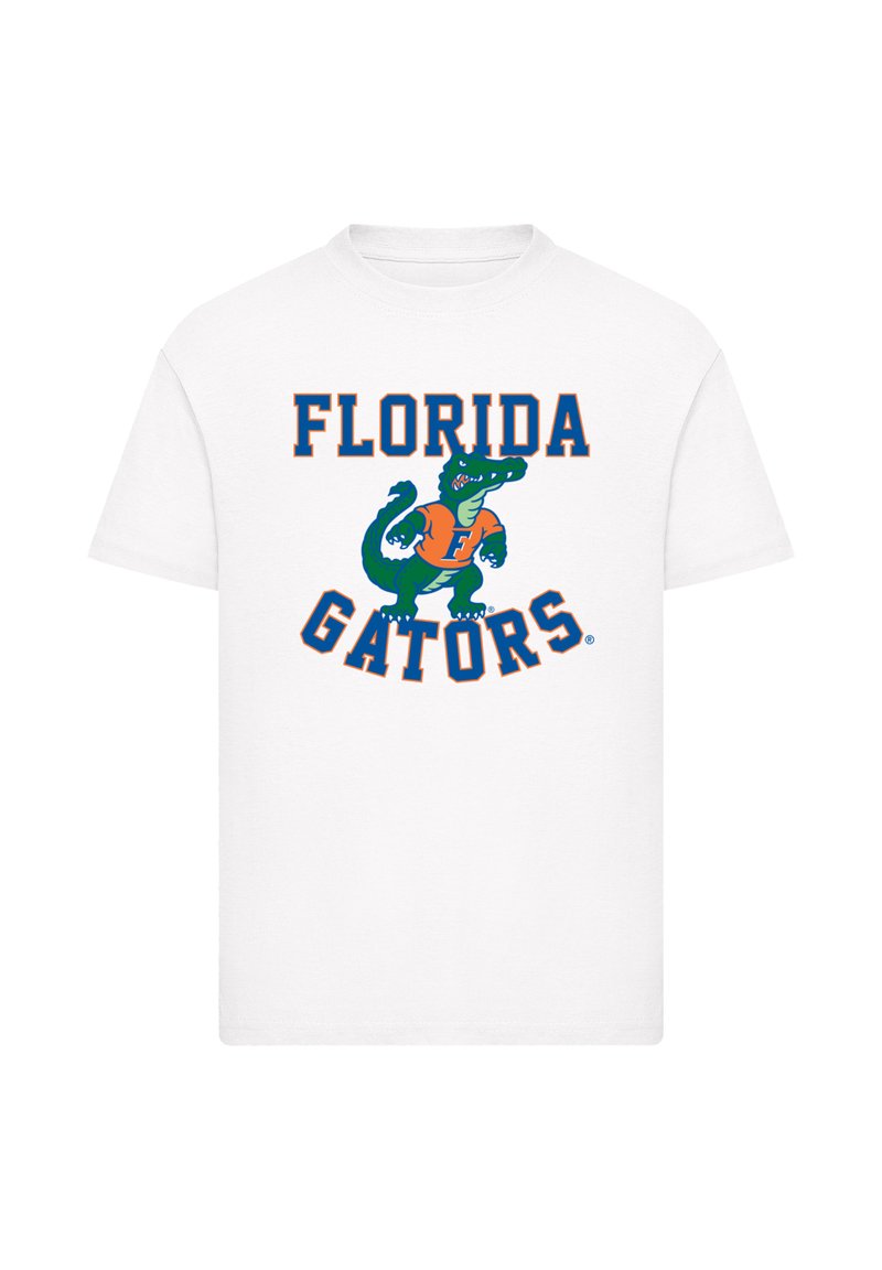White cotton t-shirt featuring "FLORIDA GATORS" in bold orange and navy blue text, with a green alligator graphic. Short sleeves, crew neck.