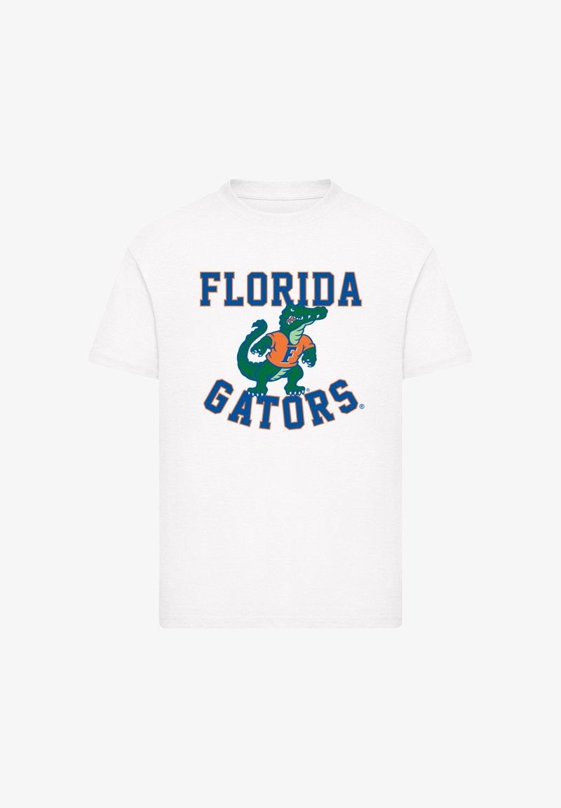 White cotton t-shirt featuring "FLORIDA GATORS" in bold orange and navy blue text, with a green alligator graphic. Short sleeves, crew neck.