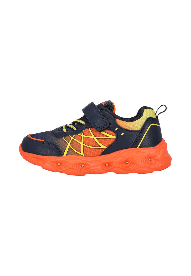 Marineblå og orange sneakers med en tekstureret mesh-overdel, gule detaljer og en velcro-rem. Chunky orange sål med definerede mønstre.