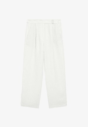 Weiße weite Hosen mit vertikalen Nadelstreifen, mit flachem Vorderteil, zwei Seitentaschen und entspannter Passform. Weicher Stoff, minimale Details.