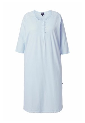 Camicia da notte azzurro chiaro in tessuto morbido con scollo rotondo, maniche corte, dettaglio con bottoni e accenti in pizzo sulle spalle e sull'orlo.