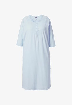Camicia da notte azzurro chiaro in tessuto morbido con scollo rotondo, maniche corte, dettaglio con bottoni e accenti in pizzo sulle spalle e sull'orlo.